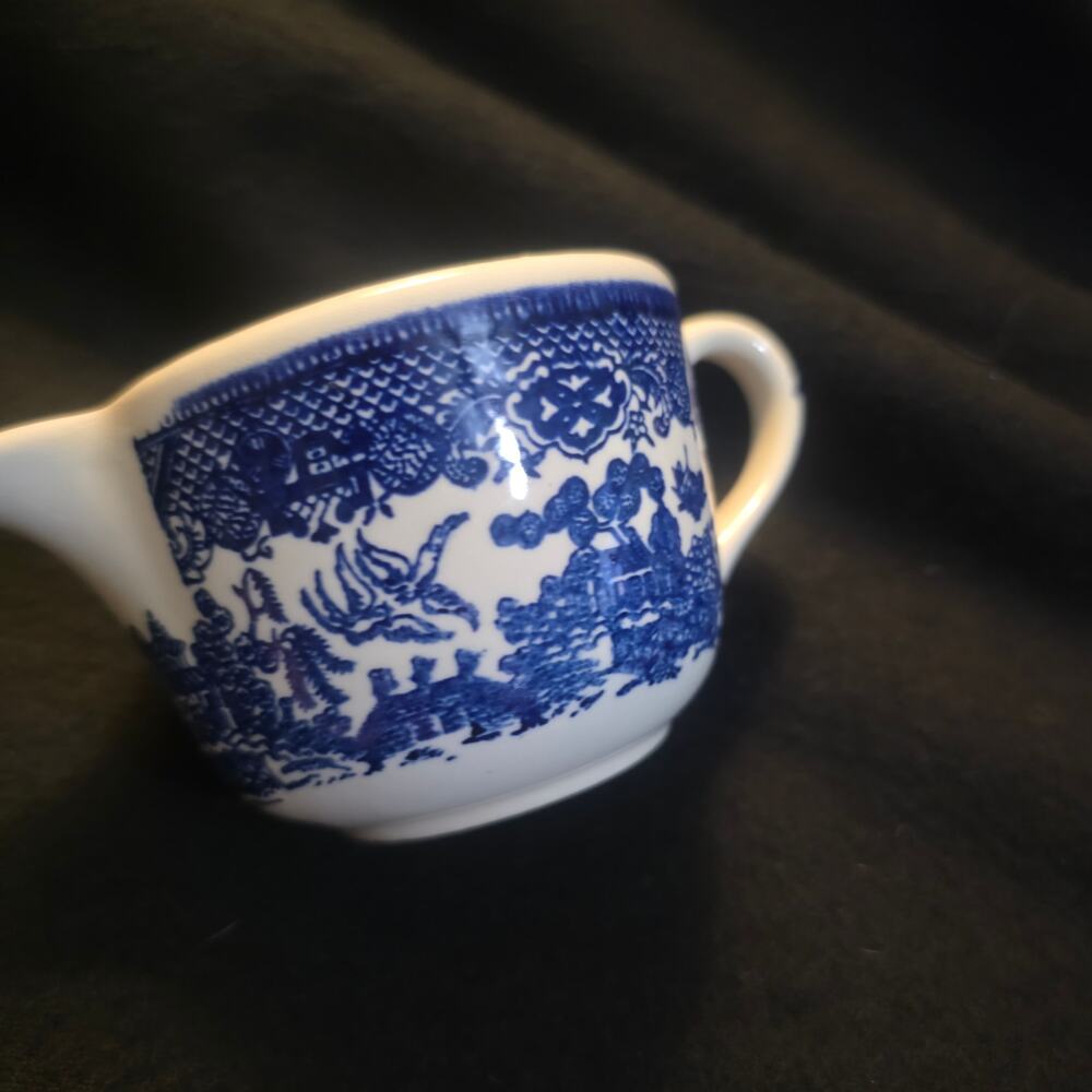 Vintage Blue White Transferware Creamer Pitcher Asian Willow Landscape